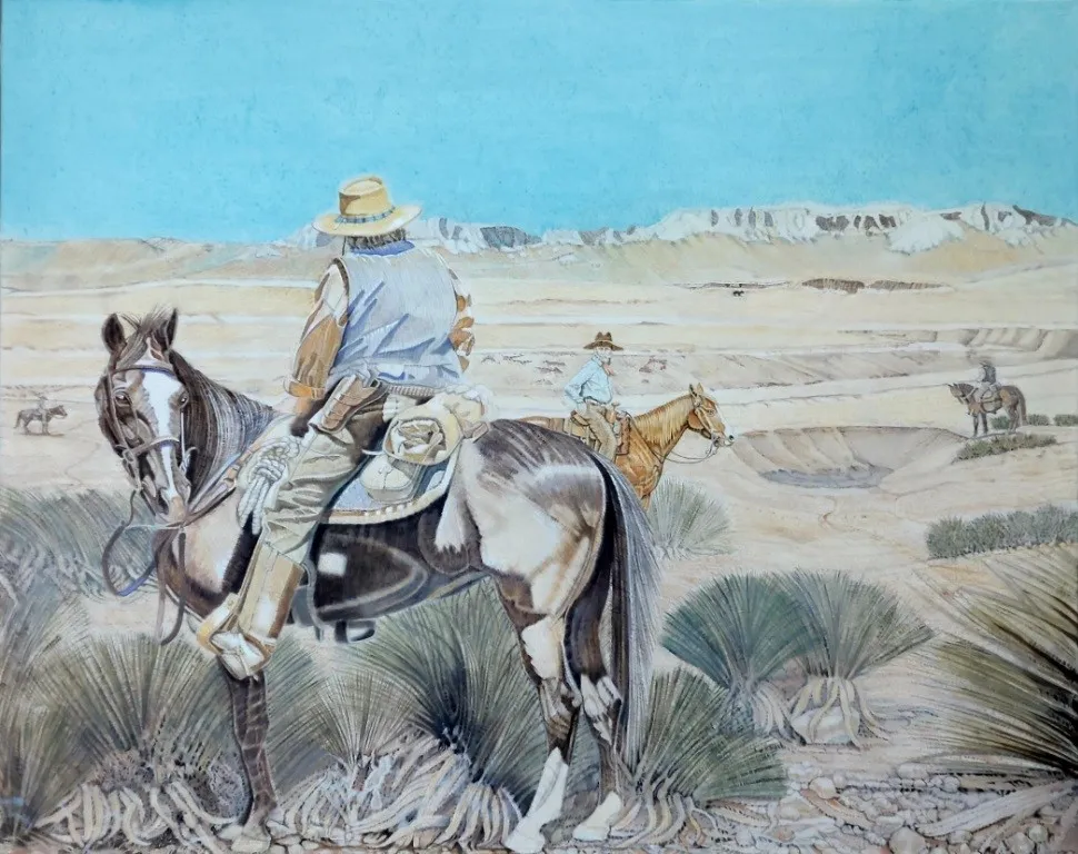 Four cowboys searching for a runaway steer as seen in cowboy art; cowboy paintings; & cowboy oil paintings.
