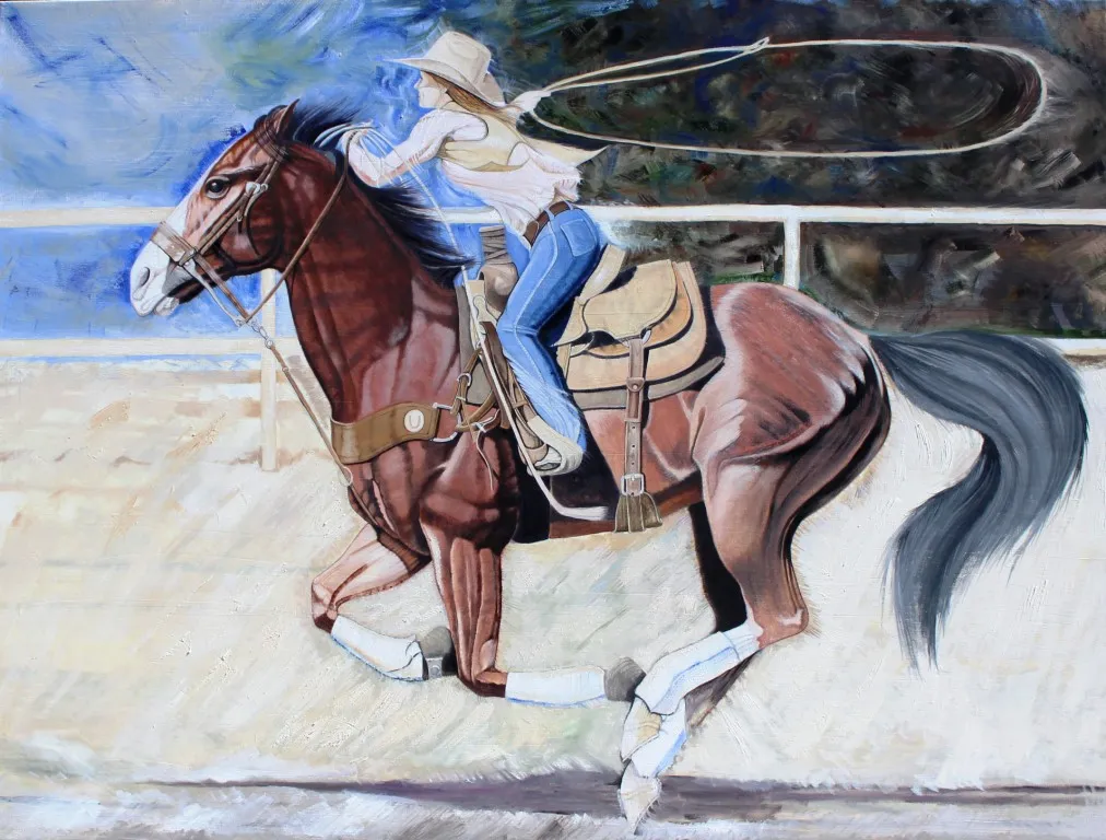 Female rider chases unseen steer as seen in cowboy art; cowboy paintings; & cowboy oil paintings.
