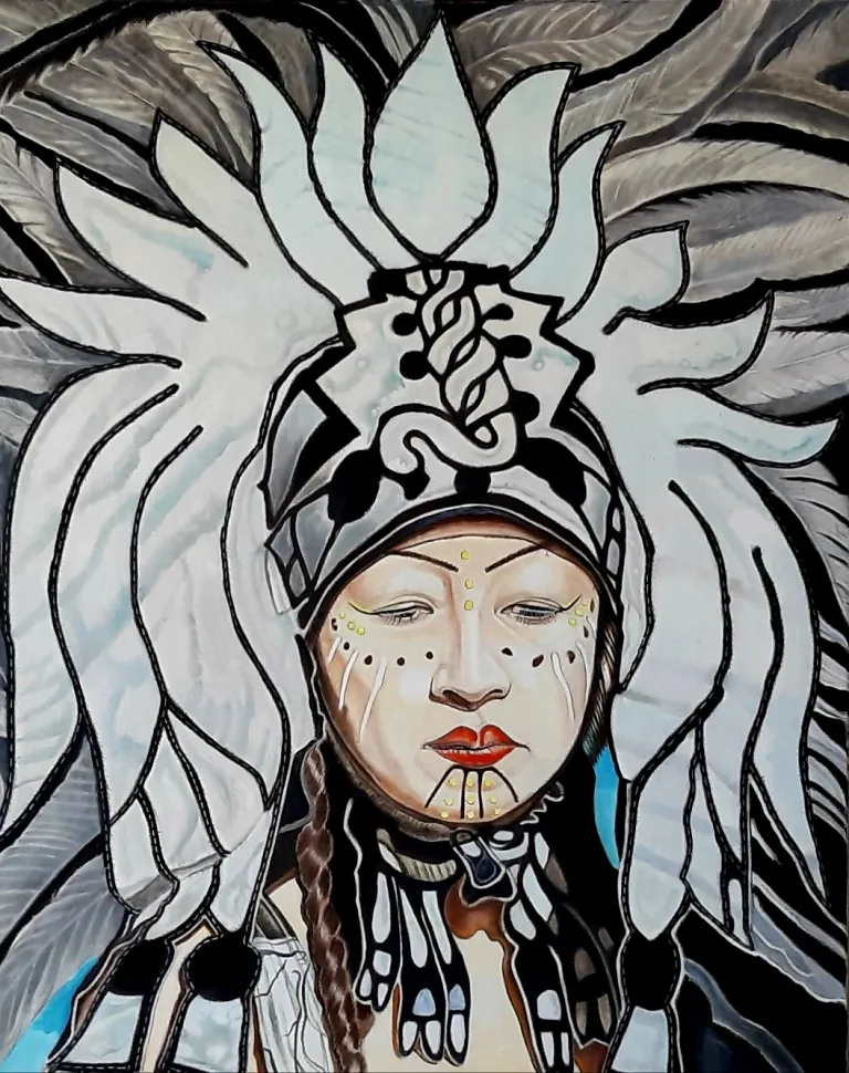 Oil painting portrait by Greg Paton entitled Aztec Performer.