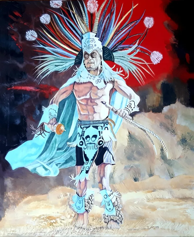Oil painting of Aztec performer by Greg Paton named Celebration.