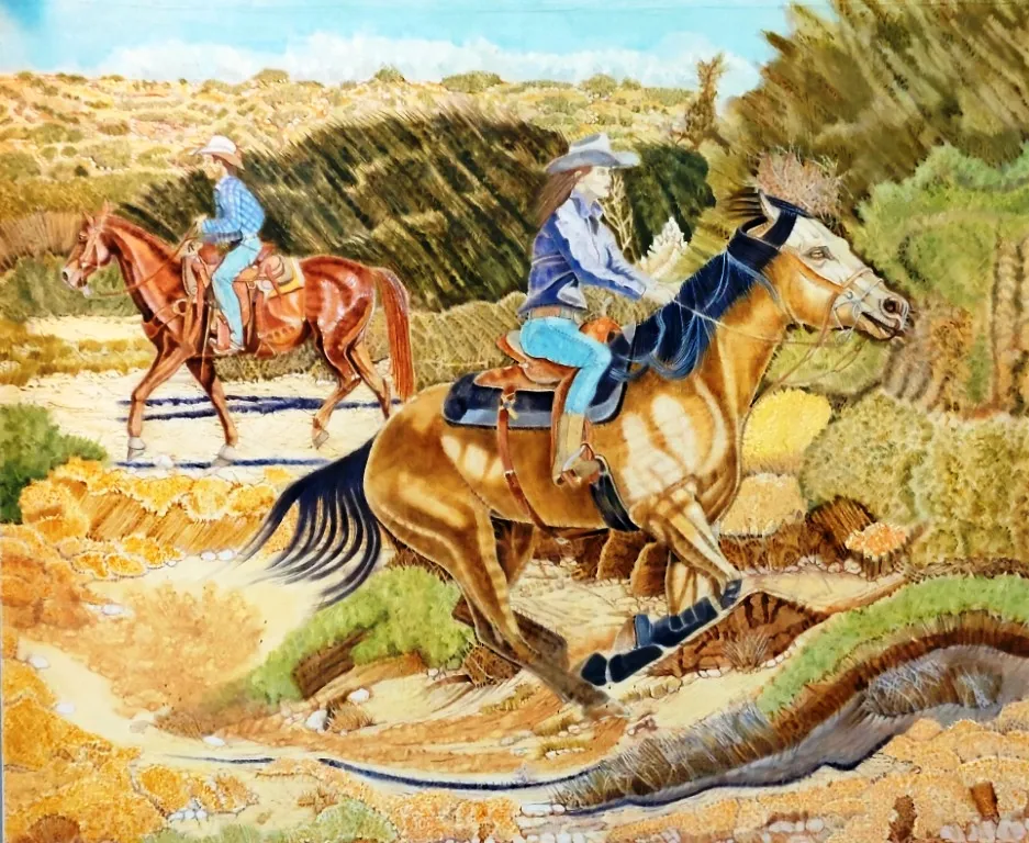 Two riders pass by unseen as seen in cowboy art; cowboy paintings; & cowboy oil paintings.