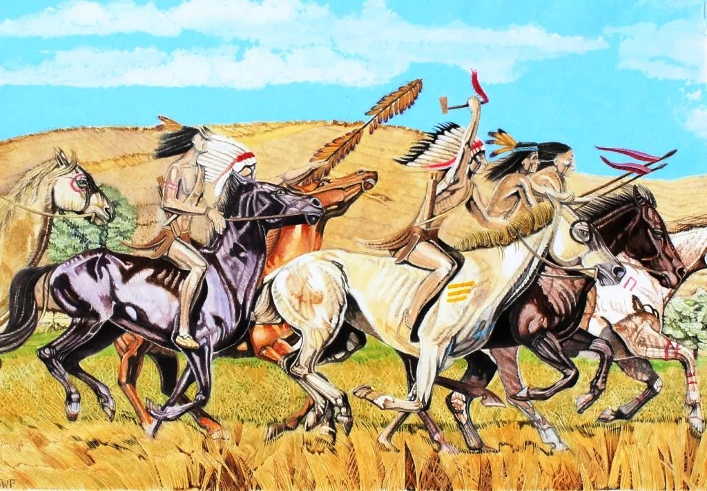A war party of six Native American Indians cross by as seen in cowboy art; cowboy paintings; & cowboy watercolors.