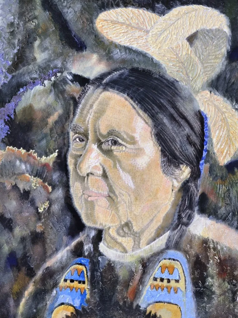 Oil painting portrait by Greg Paton entitled Grand Entry Shoshone Female Elder.