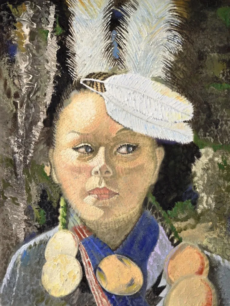 Oil painting portrait by Greg Paton entitled Yavapai Female Dance Inter-tribal Fancy.