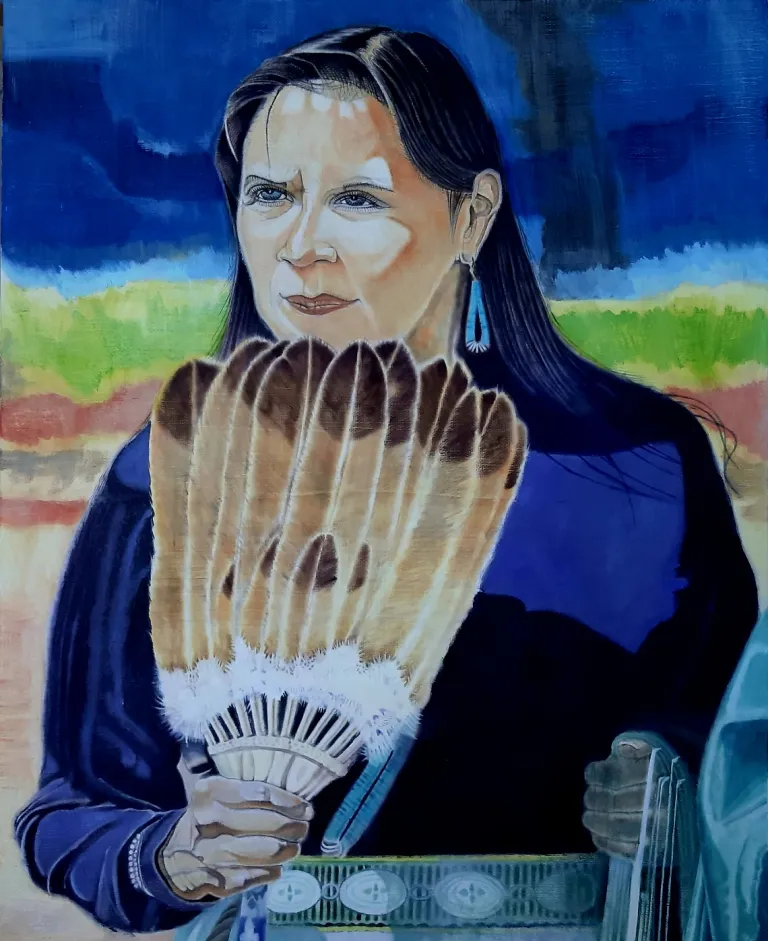 Oil painting portrait by Greg Paton entitled Yavapai Female Elder with Eagle Feather Fan.