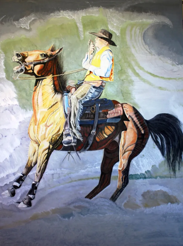 Painting of horse & rider inundated by a wave as seen in cowboy art; cowboy paintings; & cowboy oil paintings.