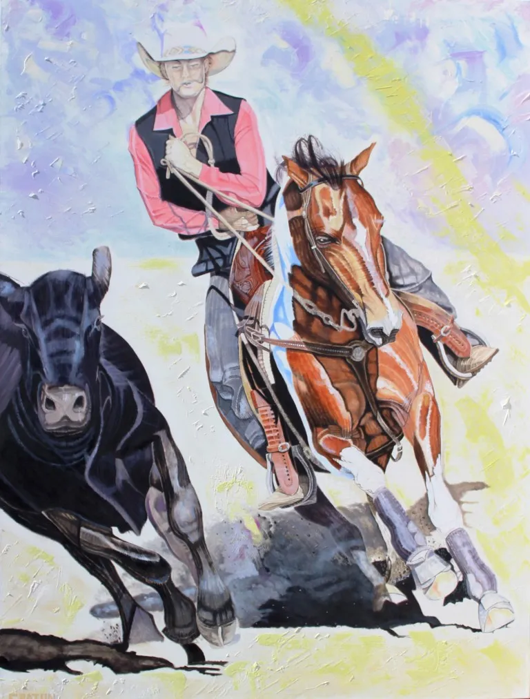 Painting of rider chasing steer as seen in cowboy art; cowboy paintings; & cowboy oil paintings.