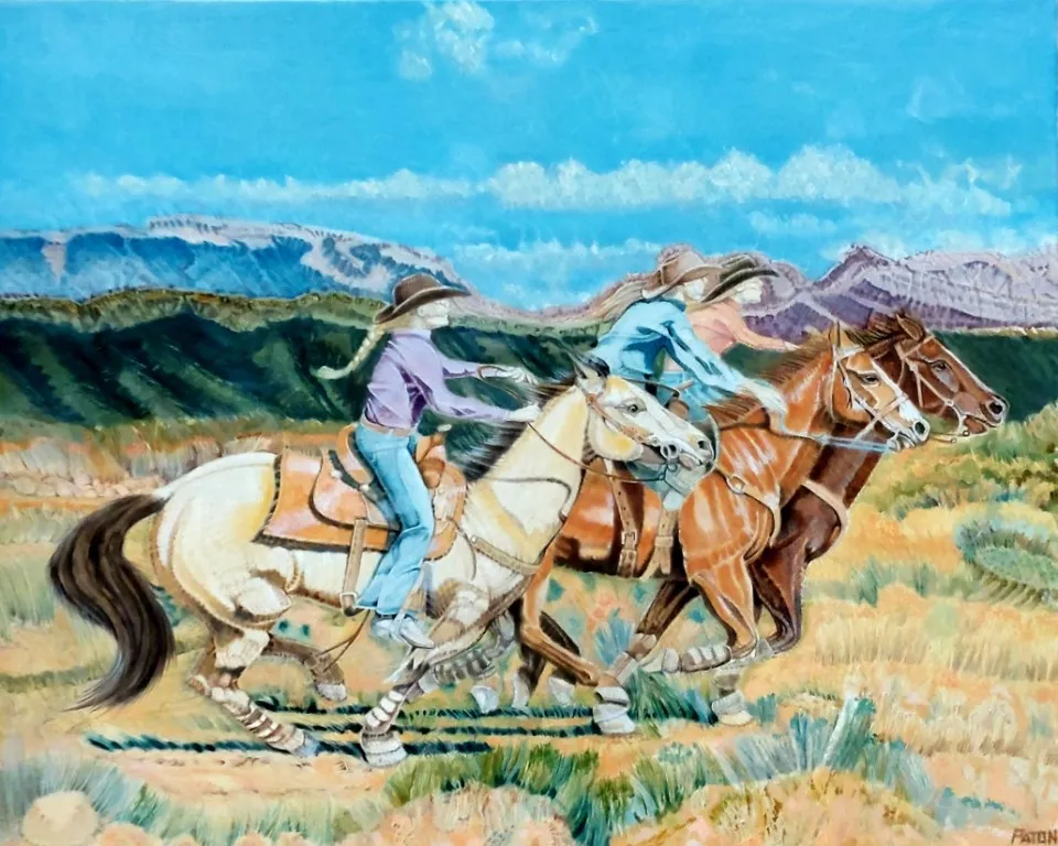 Oil painting by Greg Paton entitled Boot Scootin' as three cowgirls race.