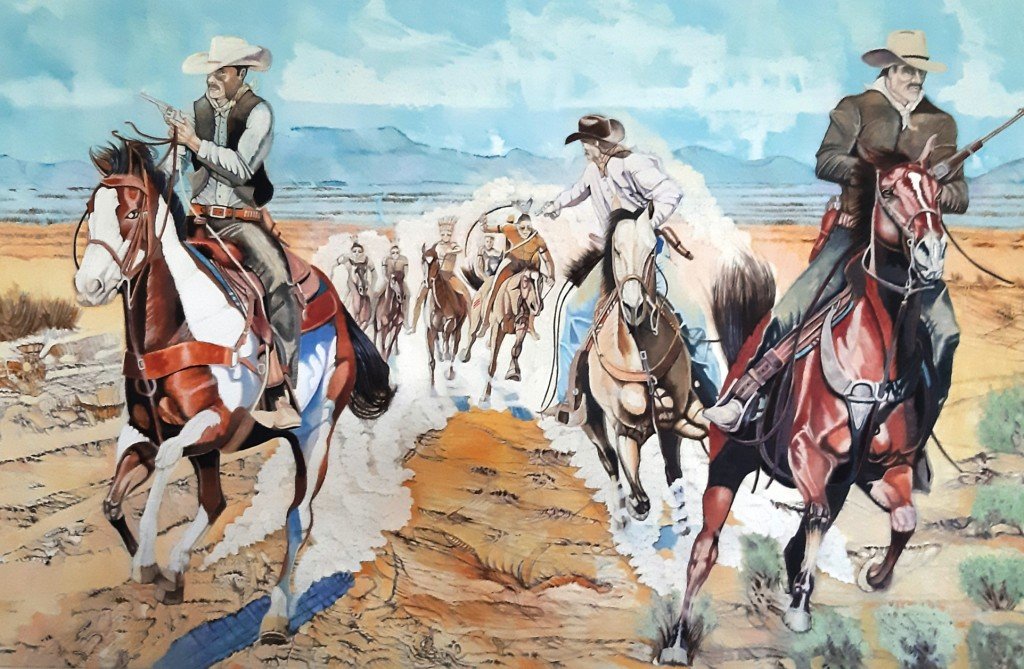 Three cowboys chased by marauding Indians